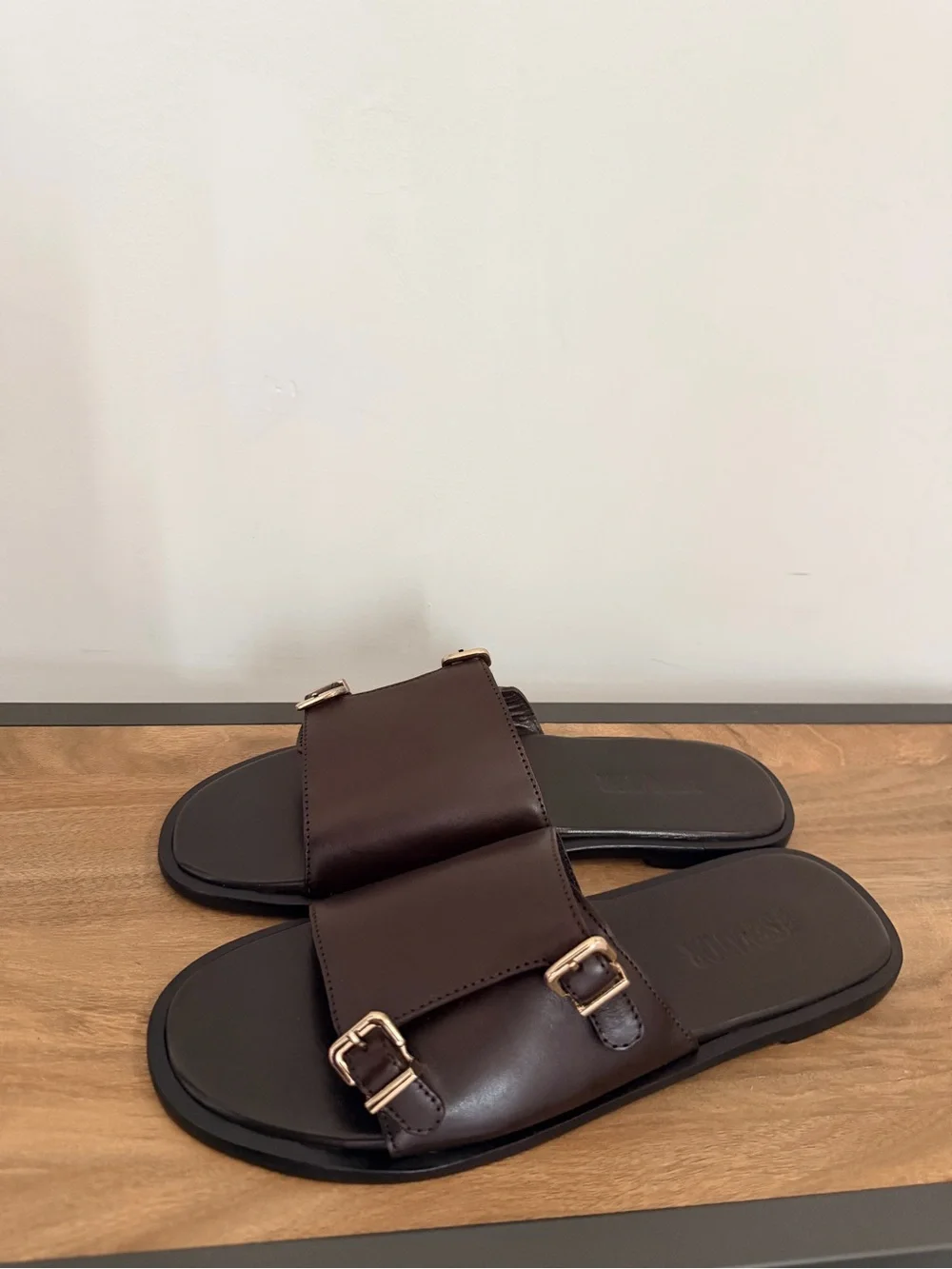 Men's Brown Leather Slide Sandals with Buckle Detail